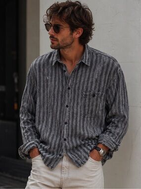 Saturdays Men's Medium Gray Textured Stripe Button-Up Shirt Relaxed Fit Casual M